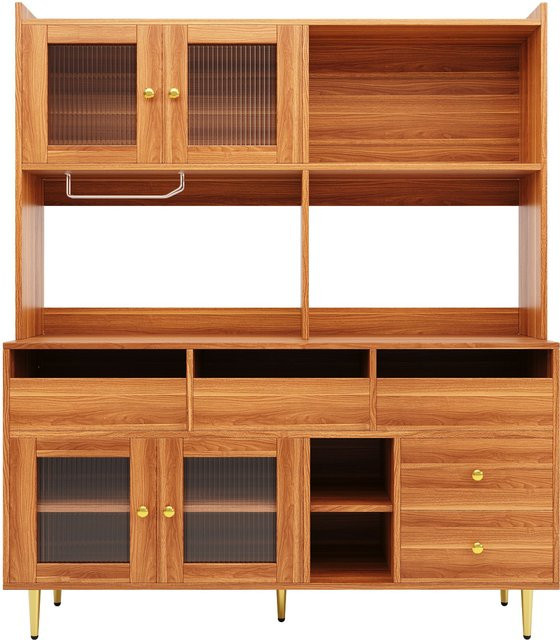 Moderner Restaurant-Hochschrank in Walnussbraun mit Changhong-Glastüren, Weinglasregal und mehrschichtigem Stauraum, B/T/H: 145 x 39 x 171 cm - Bild 1
