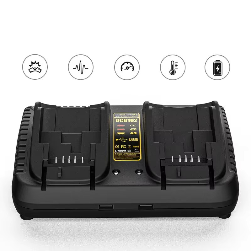 Dewalt Schnellladegerät mit zwei Ladestationen und USB-Anschlüssen für 12/20 V Lithium-Ionen-Akkus in Schwarz - Bild 2