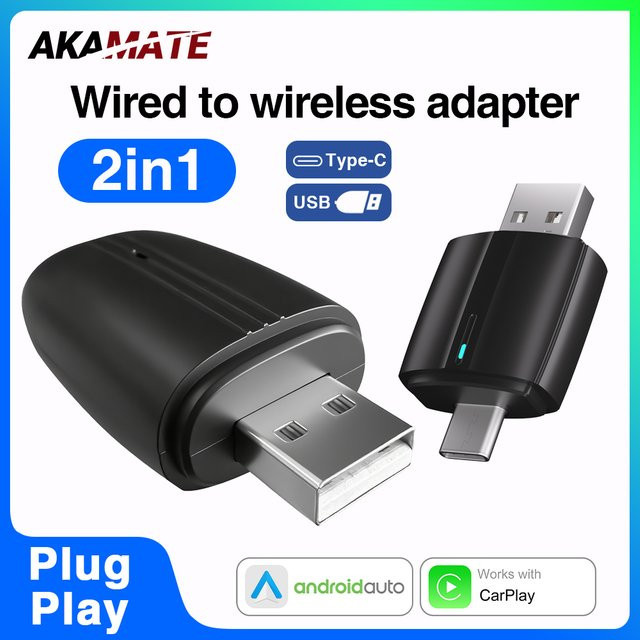 AKAMATE 2-in-1 Kabelloser CarPlay und Android Auto Adapter mit USB-C und USB Anschluss in Schwarz für die Umstellung von kabelgebunden auf kabellos für VW, Kia, Audi, Toyota und Benz - Bild 1