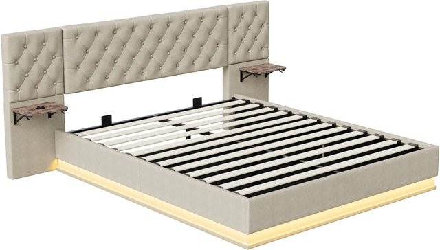 PXloue Polsterbett Beige mit Bettkasten, LED-Beleuchtung und USB-Ladeanschluss, B/T/H: 160 x 200 x 201 cm - Bild 1