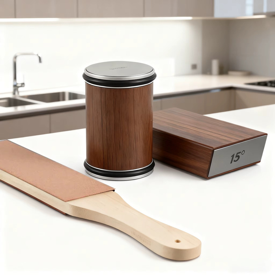 RSCHEF Magnetischer Messerhalter aus Holz in Braun mit Rollendem Messerschärfer und Diamant-Schleifstein für 15 und 20 Grad - Bild 1