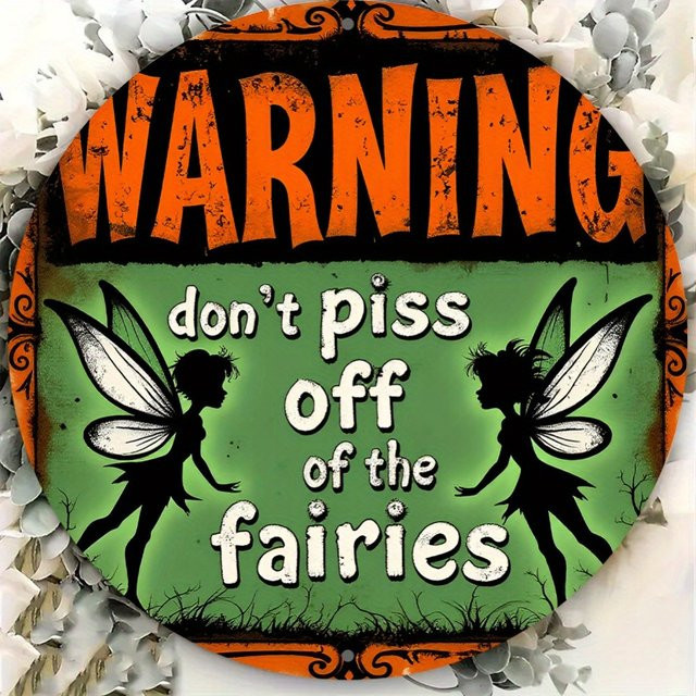 HELLOYOUNG Fantasy-Fee-Warnschild aus Metall Don't Make the Fairy Angry Wanddekoration im rustikalen Stil, Durchmesser: 20 cm, Mehrfarbig - Bild 1
