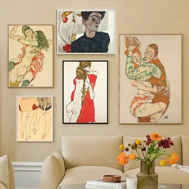Egon Schiele Vintage Wandkunst Leinwandmalerei Nackte Frau Nordic Poster Multicolor - Bild 1