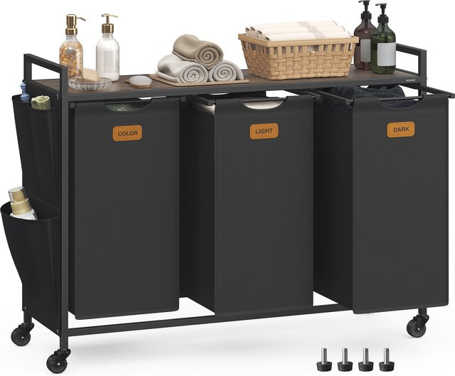 VASAGLE Wäschekorb mit 3 Fächern und Ablage, Rollbarer Wäschesammler und Wäschesortierer, schwarz-braun, 150 l - Bild 1