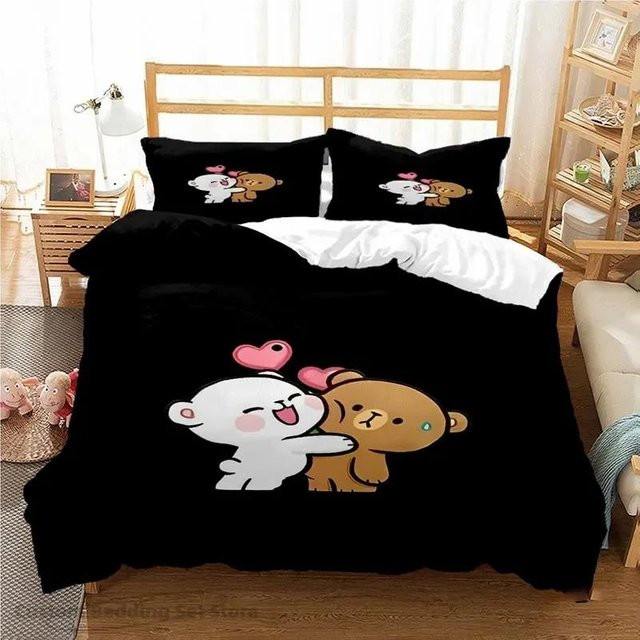 Bettwäsche-Set Binchi Outdoor Product mit Bubu Dudu Cartoon-Bär und Panda Design, Schwarz, Material Mikrofaser Polyester, B/H: 135 x 200 cm - Bild 1