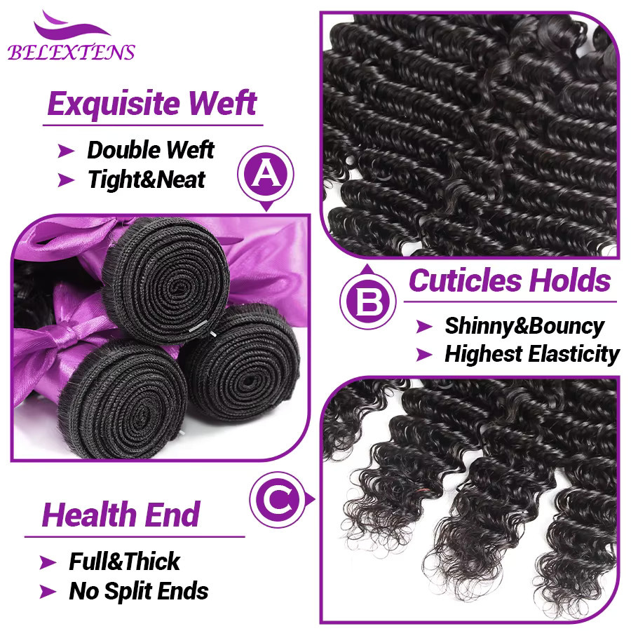 BELEXTENS Deep Wave Human Hair Bundles, 100 % Echthaar, 18-22 Zoll - Bild 3