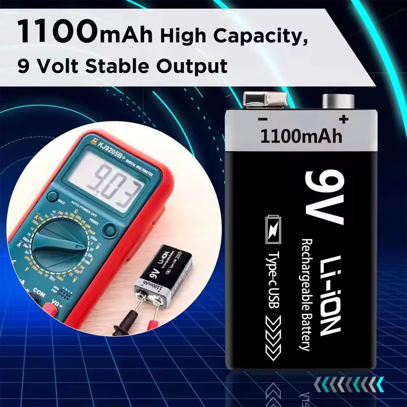 L7ADFJ 9V Li-Ion Akku 1100mAh Typ-C wiederaufladbar Schwarz 6F22 für RC Hubschrauber und Multimeter - Bild 5