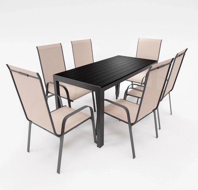 Lex Gartenmöbel Set aus Aluminium mit 7-teiliger Essgruppe bestehend aus Tisch und 6 Stapelsesseln in Beige - Bild 1