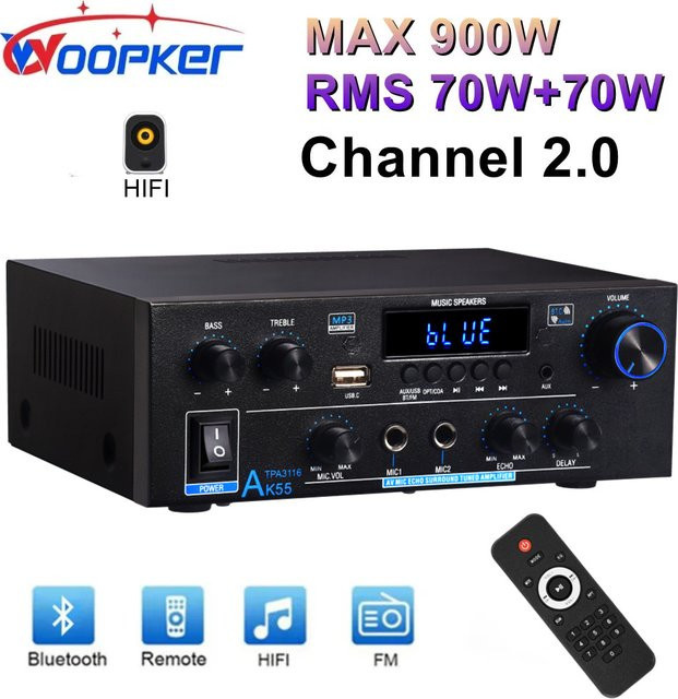Woopker AK55 Digitalverstärker in Schwarz mit Bluetooth, USB, SD und FM-Radio für Hifi-Heimkino-Systeme - Bild 1