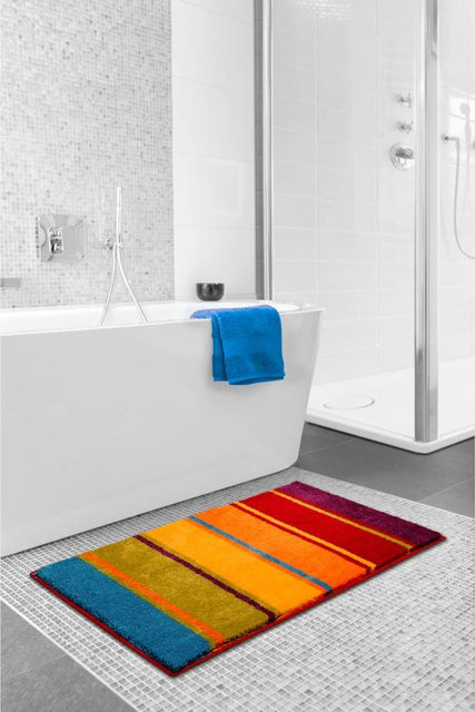 Rutschfeste Badematte gestreift in Orange, Gelb und Multicolour aus 100% Polyacryl, rechteckig und für Fußbodenheizung geeignet - Bild 1