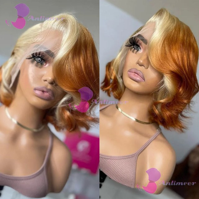 Anlimeer Kurzhaarperücke, Ginger Ombre, Echthaar, 13x4 Lace Front - Bild 1