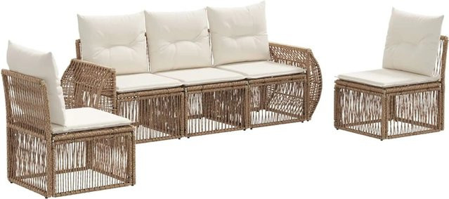 vidaXL Gartensofa-Set 5-teilig aus Poly-Rattan in Beige und Cremeweiß mit Polsterkissen und wetterfestem Metallgestell - Bild 1