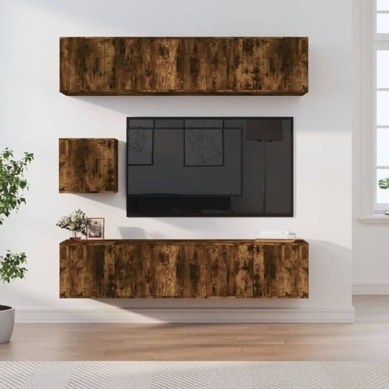 Vidaxl 7-teiliges TV-Schrank-Set aus Holzwerkstoff in Räuchereiche, Farben Braun und Grau, im klassischen Industrial-Design - Bild 1