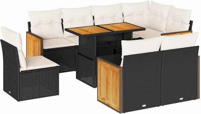 vidaXL 9-teilige Garten-Sofagarnitur aus Poly-Rattan und Akazienholz in Schwarz-Creme mit Kissen - Bild 1