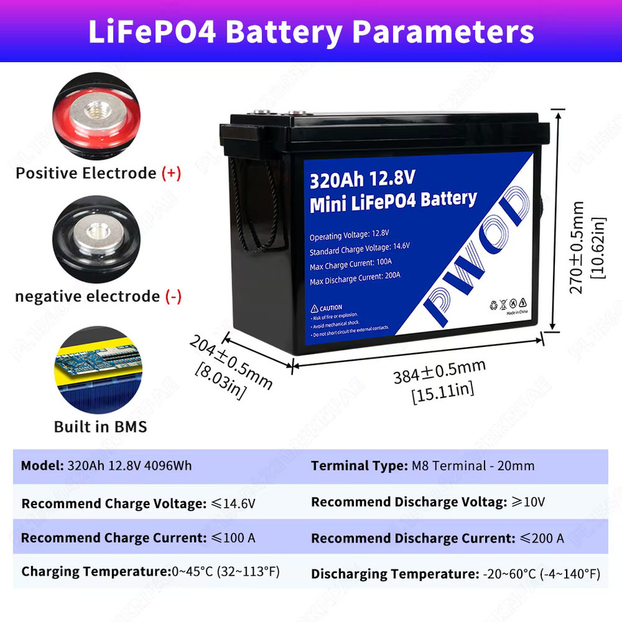 PWOD LiFePO4 Batteriepack 12,8V 320Ah 100Ah Klasse A mit integriertem BMS BCI für DIY-Stromsysteme und Heimsolarenergie, wiederaufladbare Deep Cycle Lithium-Batterie Gruppe 24 - Bild 2