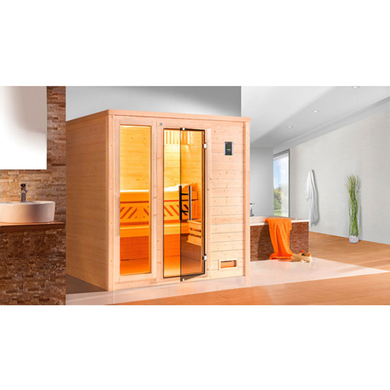 WEKA Massivholzsauna Bergen 2 für 6 Personen in Braun mit 7,5 kW BioS Ofen, externer Steuerung, Glastür und Fenster - Bild 2