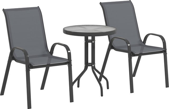 Outsunny 3-teiliges Bistro-Set Gartenmöbel mit Glastisch und stapelbaren Gartenstühlen in Dunkelgrau - Bild 1