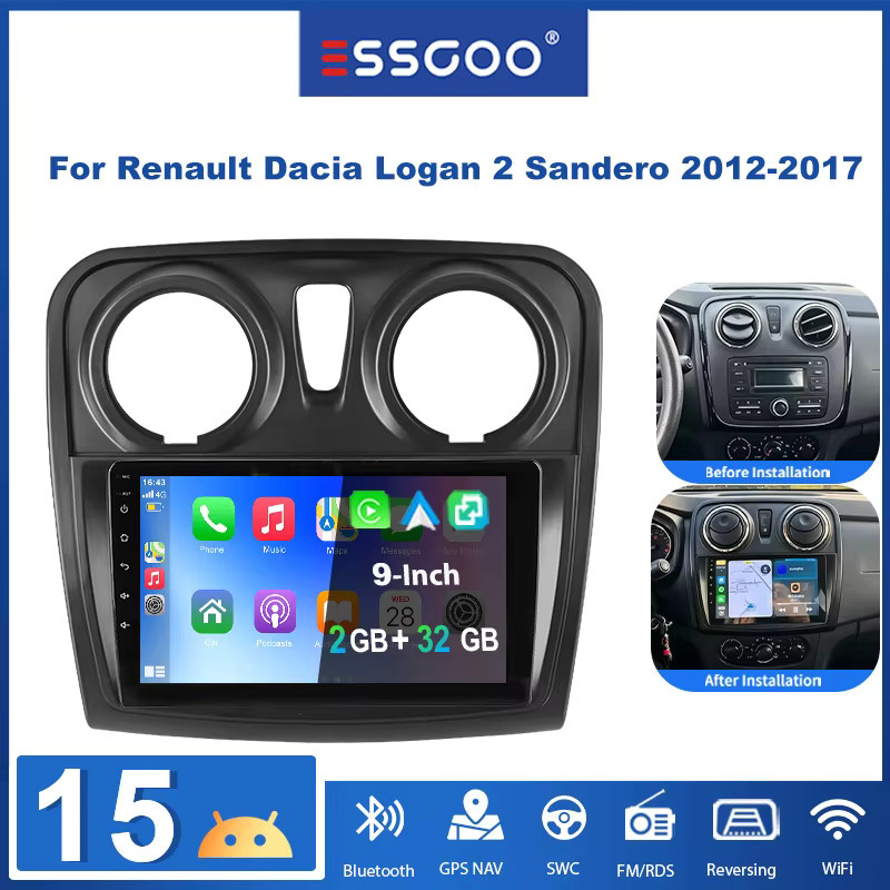 ESSGOO Android 15 Multimedia Autoradio mit 9 Zoll Touchscreen für Renault Logan 2 und Sandero 2 (2012-2019), Farbe: Schwarz, mit CarPlay, Android Auto, GPS, WiFi und Bluetooth - Bild 5