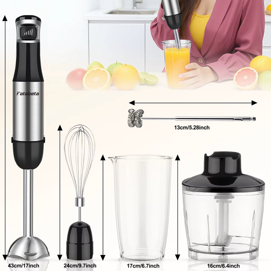 Fatabeta 6-in-1 Handstabmixer aus Edelstahl in Grau mit 5 Geschwindigkeitsstufen, Zerkleinerer, Schneebesen und Milchaufschäumer - Bild 3