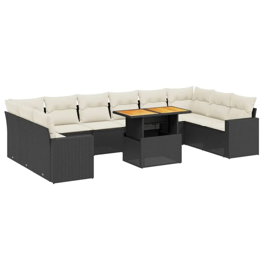 vidaXL 11-teilige Garten-Sofagarnitur in L-Form aus Poly-Rattan und Akazienholz mit Kissen in Schwarz-Creme - Bild 2
