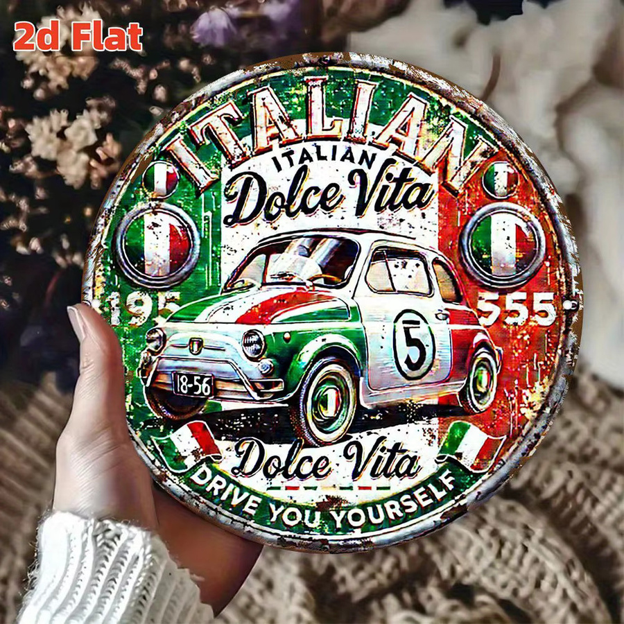 Potdemiel Rundes Italienisches Flaggen-Schild Abzeichen im Vintage-Stil aus Aluminium, Rot/Multicolor, Durchmesser: 20,0 cm - Bild 5