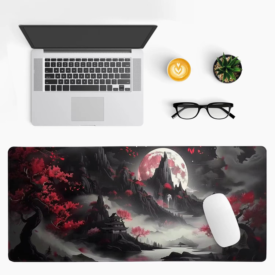 Japanisches rotes Vollmond-Mauspad mit schwarzem Riverside-Design für Gaming und Büro - Bild 3