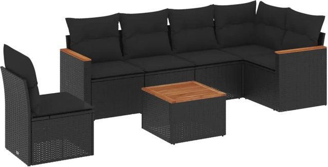 vidaXL 7-teilige Garten-Sofagarnitur aus Poly-Rattan und Akazienholz in Schwarz mit Kissen - Bild 1