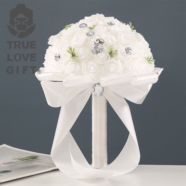 Künstlicher Brautstrauß mit Diamant-Rosen in Weiß für deine Hochzeit - Bild 1