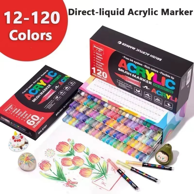 GUANGNA Acrylmarker Set mit Pinselspitze, 12 Farben Bunt und Gold für DIY und Kunstschule - Bild 2