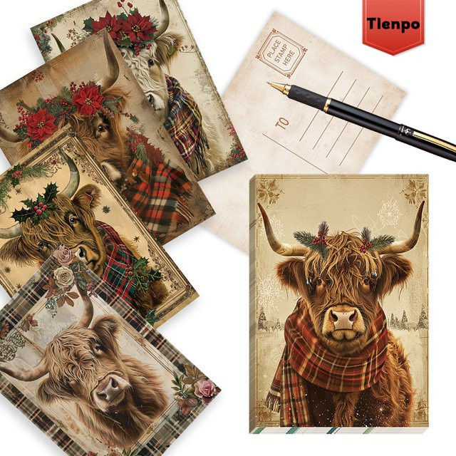 32 Stück Weihnachtspostkarten mit Highland-Kuh-Motiv in Multicolor aus hochwertigem Karton - Bild 1