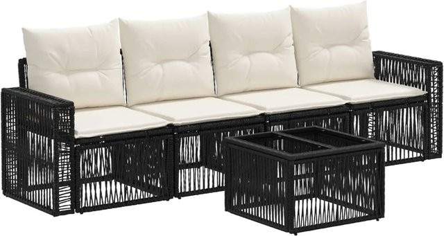 vidaXL Gartensofa-Set 5-teilig aus Poly-Rattan und Metall in Schwarz und Cremeweiß mit Polsterung und Ottoman - Bild 1
