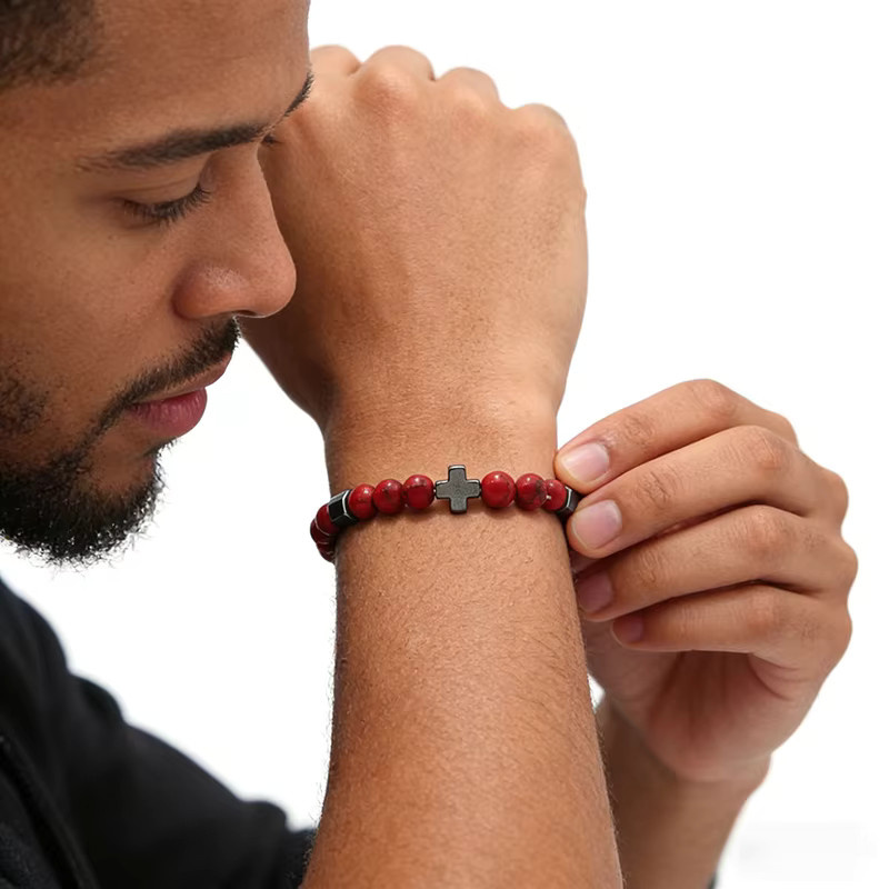 Armband Herren, roter Howlith, Malachit, Tigeraugen, Perlenstrang, 6 mm - Bild 2