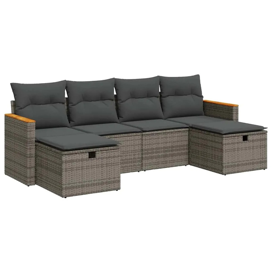 vidaXL 6-teilige Garten-Sofagarnitur in L-Form mit Kissen und Ottoman, Grau, Poly Rattan und Akazienholz - Bild 2
