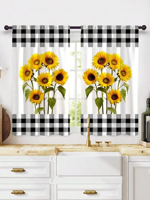 Dekorative Vorhänge mit Sonnenblumen-Druck und Karomuster in Gelb, 2er-Set aus Polyester, Breite: 69,85 cm, Höhe: 106,68 cm - Bild 1
