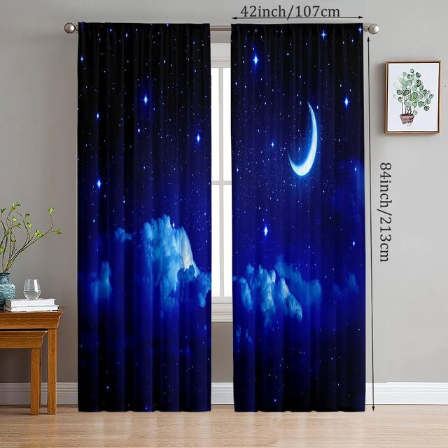 Yiran Furniture Dekorative Vorhänge Sternenhimmel Blau aus Polyester, 2 Stück, B: 35 cm, H: 100 cm - Bild 1