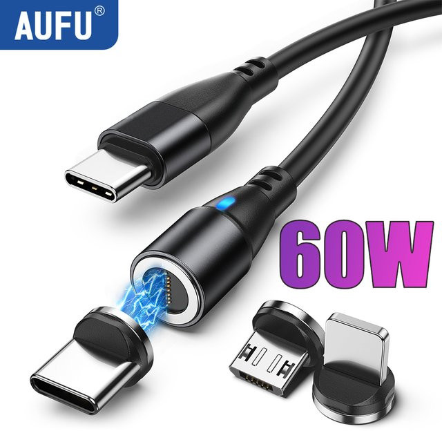 AUFU Magnetisches USB-Typ-C und Micro-USB Ladekabel für iPhone, Xiaomi und MacBook, 60 W Schnellladung, Schwarz - Bild 1