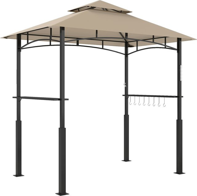 Outsunny Grill-Pavillon mit Doppelverdeck und LED-Licht in Beige, Gartenüberdachung mit Deckenhaken und 2 seitlichen Ablagen, B/T/H: 240 x 150 x 250 cm - Bild 1