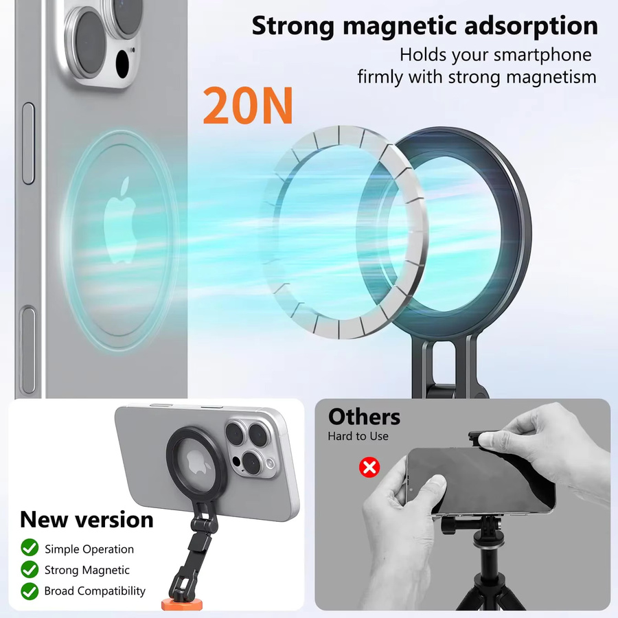 VRIG Magnetische Handyhalterung aus Aluminiumlegierung für MagSafe iPhone 17 16 in Schwarz mit Cold Shoe Mount und Stativadapter - Bild 2