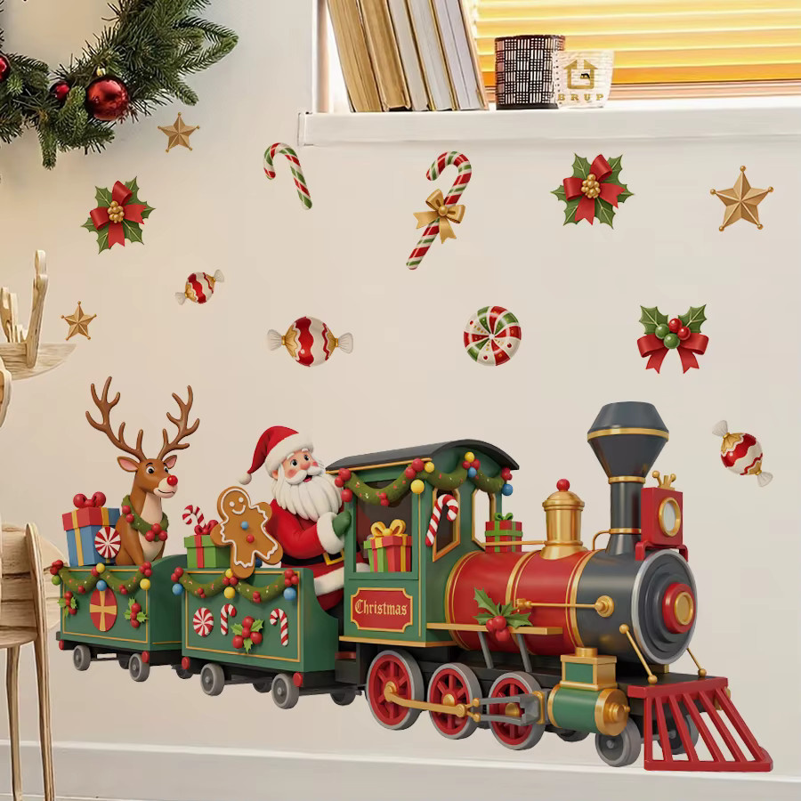 BRUP Weihnachtsmann-Zug Wandaufkleber mit Candy und Stechpalme, selbstklebend und abnehmbar, Mehrfarbig - Bild 2