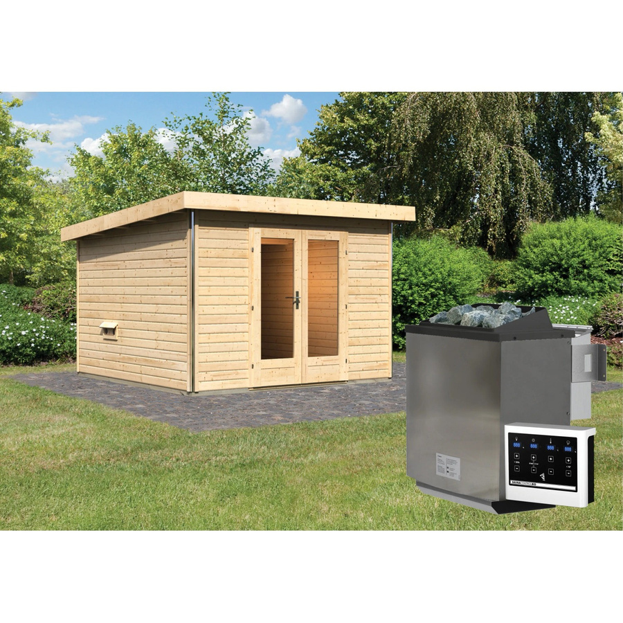 Karibu Saunahaus Magnus 1 Set in Natur mit 9 kW Bio Ofen und externer Steuerung aus nordischer Fichte, Farbe: Braun - Bild 2