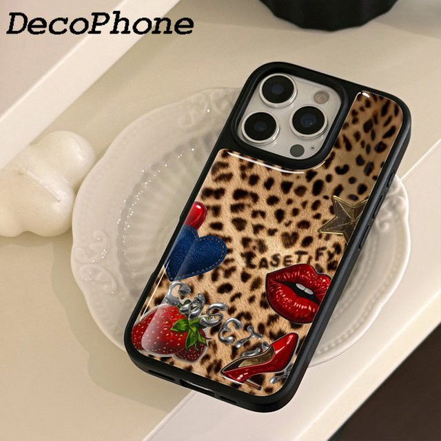 DecoPhone Handyhülle mit Leopardenmuster und Erdbeer-Design aus Epoxy für iPhone 11 bis 16 Pro Max, sturzsicher, Multicolour - Bild 1