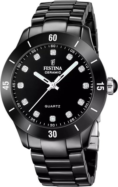 Festina Damenuhr, Quarz, Keramik, Schwarz, 38 mm, 5 ATM - Bild 1