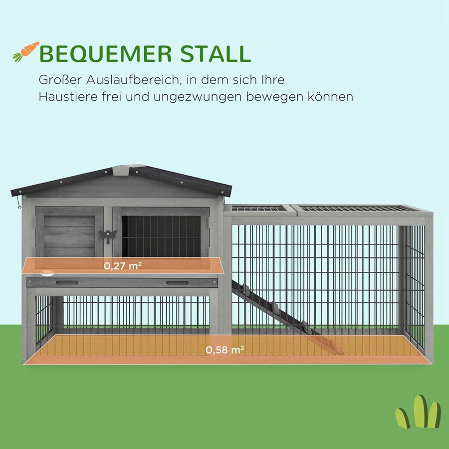 PawHut Kleintierstall mit Freigehege aus Tannenholz in Grau, wetterfest für Meerschweinchen und Kaninchen, B/T/H: 150 x 52 x 68 cm - Bild 3