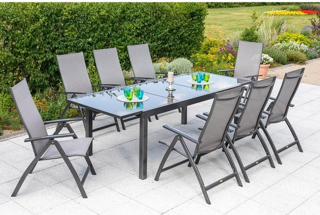 Merxx Vicenza Gartenmöbel Set 9-tlg. mit ausziehbarem Tisch und Klappsesseln in Graphit und Diamantbraun, Tisch B: 180 bis 240 cm x T: 100 cm - Bild 1
