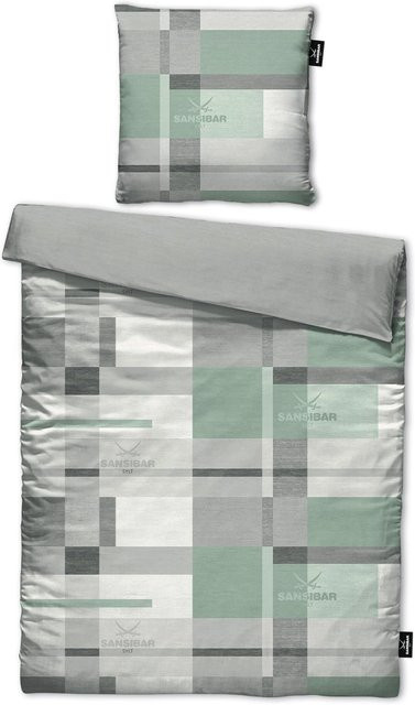 Sansibar Bettwäsche aus Mako-Satin mit Kissenbezug und Bettbezug in Grau und Grün, Karo-Design, B/H: 155 x 220 cm und 80 x 80 cm - Bild 1