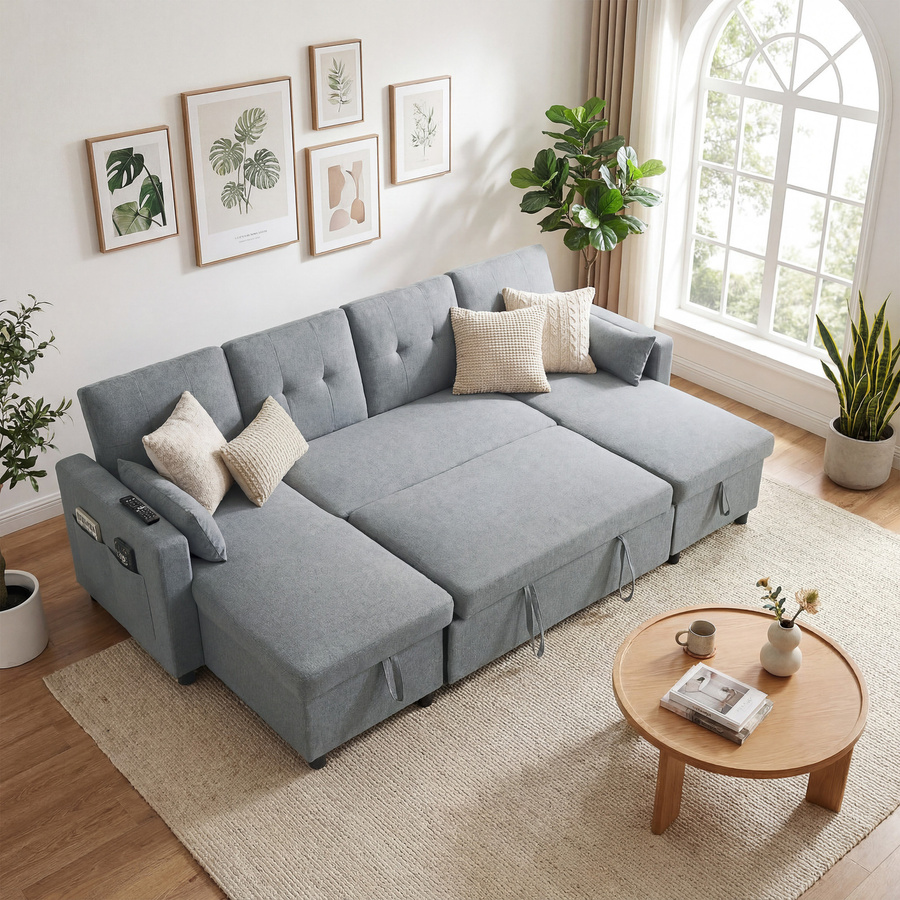 HOMCOM Ecksofa in U-Form mit Schlaffunktion und Bettkasten, 4-Sitzer Schlafsofa mit Chaiselongue und verstellbarer Rückenlehne, Grau - Bild 2