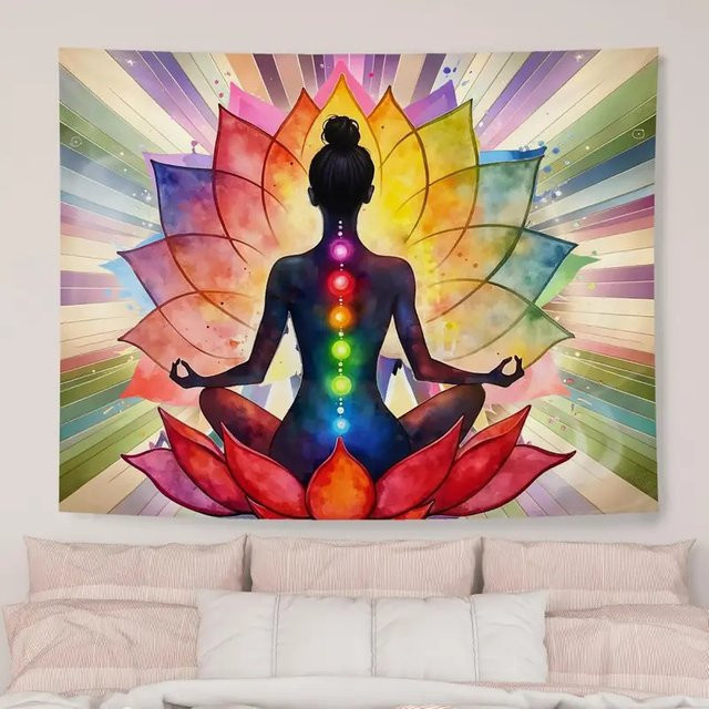 VIKAMA Regenbogen-Chakra-Wandteppich mit Mandala-Design in Multicolour für Yoga und Meditation, Boho Wandbehang, Breite: 60 cm, Höhe: 40 cm - Bild 1
