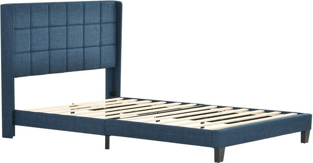 Merax Polsterbett mit Matratze in Blau, modernes Design aus Leinen und Metall, B/T/H: 146 x 140 x 208 cm - Bild 1