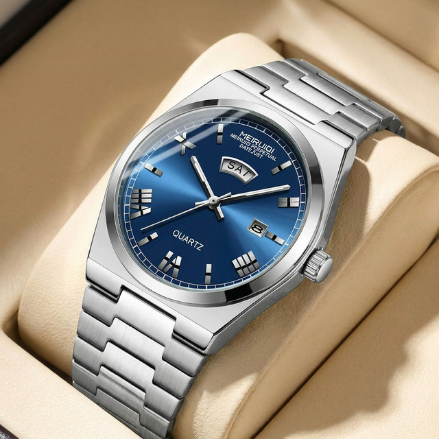 MEIRUIQI Armbanduhr, Quarz, blaues Zifferblatt, Edelstahl, Herren - Bild 1