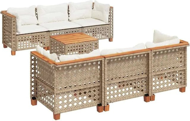 vidaXL 7-teilige Garten-Sofagarnitur aus Poly-Rattan mit Kissen in Beige und Cremeweiß - Bild 1